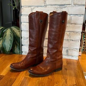 Frye Melissa Button Lug-Sole Tall Riding Boot, Cognac, size 7.5